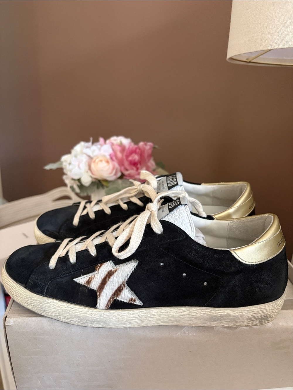 Authentic Golden Goose Black Suede Star Low-Top Sneakers with Gold Heel